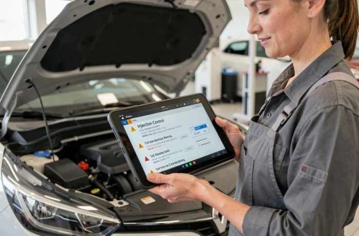 Technicienne tenant une tablette de diagnostic affichant des codes défauts d'injection sur Clio 5 dans un garage professionnel