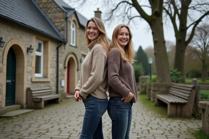 Deux femmes de tailles différentes dans un village breton en granit, illustrant les écarts de taille moyenne entre régions françaises comme la Bretagne