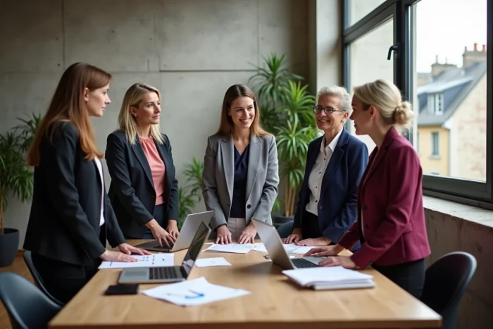 Groupe de cinq femmes professionnelles de tailles variées dans un espace de coworking parisien, représentant la diversité morphologique régionale des femmes françaises