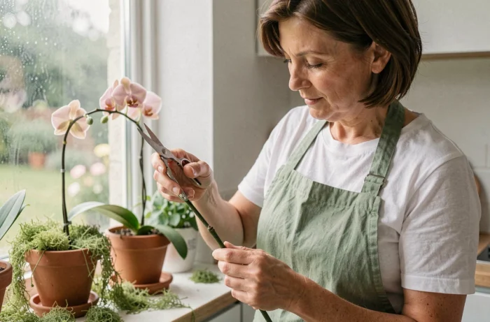 Femme qui taille une hampe florale d'orchidée fanée avec des ciseaux de jardinage près d'une fenêtre de cuisine