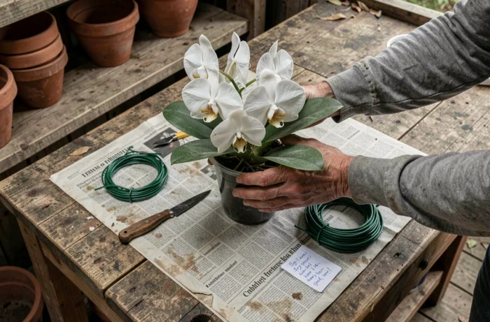 Mains masculines tenant une orchidée Phalaenopsis sur un établi de jardin avec des outils de taille
