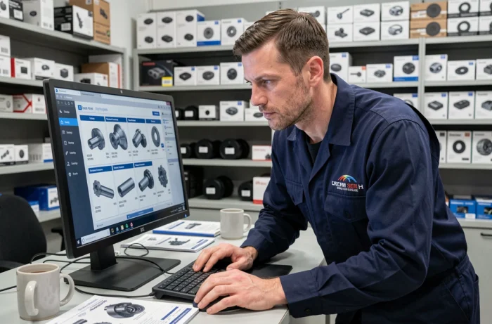 Technicien automobile consultant le catalogue de pièces Dialogys Renault sur un ordinateur de bureau dans un atelier professionnel