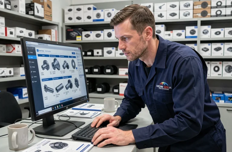 Technicien automobile consultant le catalogue de pièces Dialogys Renault sur un ordinateur de bureau dans un atelier professionnel