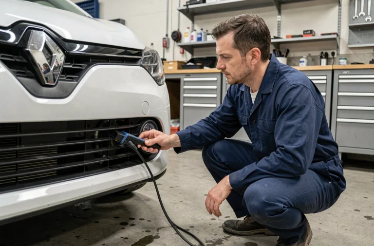 Technicien automobile connectant un scanner OBD2 sur une Renault Clio 5 pour diagnostiquer les messages d'injection