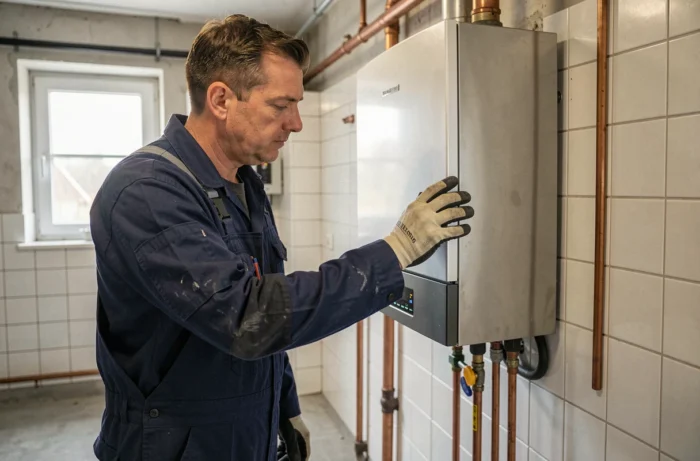 Technicien en chauffage inspectant une nouvelle chaudière à condensation installée dans une cave résidentielle à Bruxelles