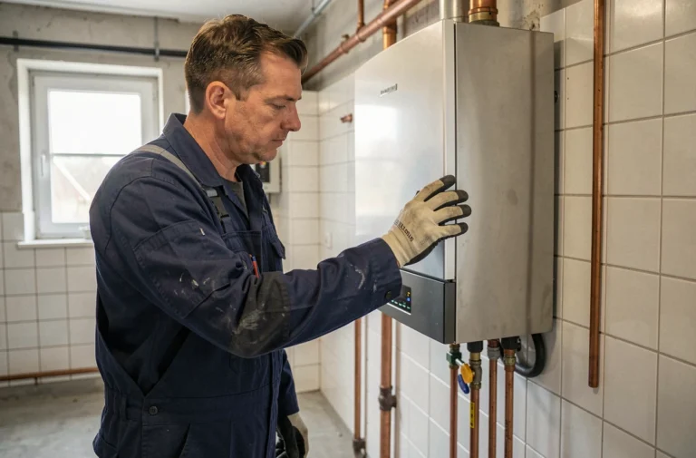 Technicien en chauffage inspectant une nouvelle chaudière à condensation installée dans une cave résidentielle à Bruxelles