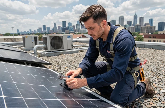 Technicien installant des panneaux solaires sur un toit commercial en milieu urbain