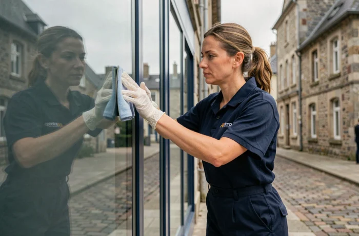 Technicienne de nettoyage professionnelle en uniforme bleu marine nettoyant une grande vitre d'immeuble de bureaux en Bretagne