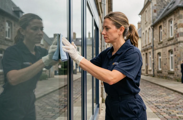 Technicienne de nettoyage professionnelle en uniforme bleu marine nettoyant une grande vitre d'immeuble de bureaux en Bretagne