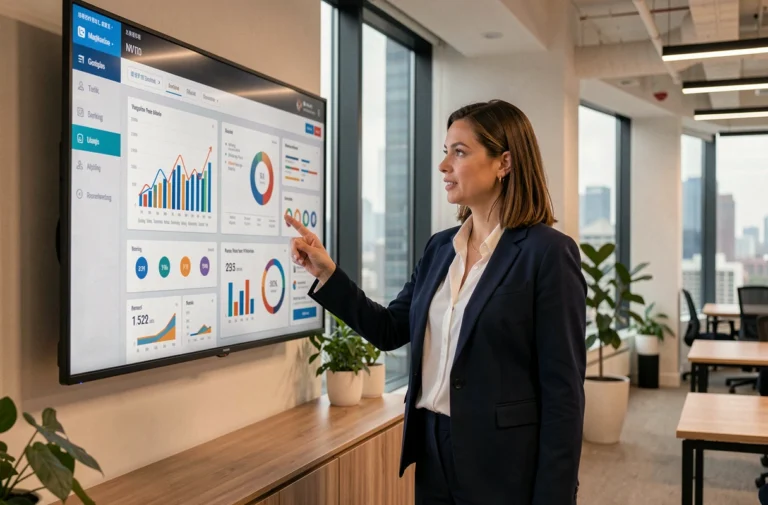 Femme professionnelle présentant un tableau de bord marketing digital avec des analytics de croissance dans un bureau moderne