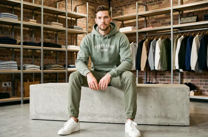 Homme en hoodie Perry Ah Why vert sauge assis dans un concept store urbain minimaliste, mode streetwear tendances 2024