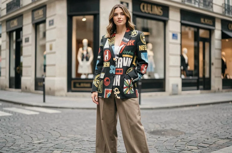 Femme portant un blazer oversize à imprimés graphiques de la marque Savage Culture dans une rue parisienne pavée, tendances mode 2024