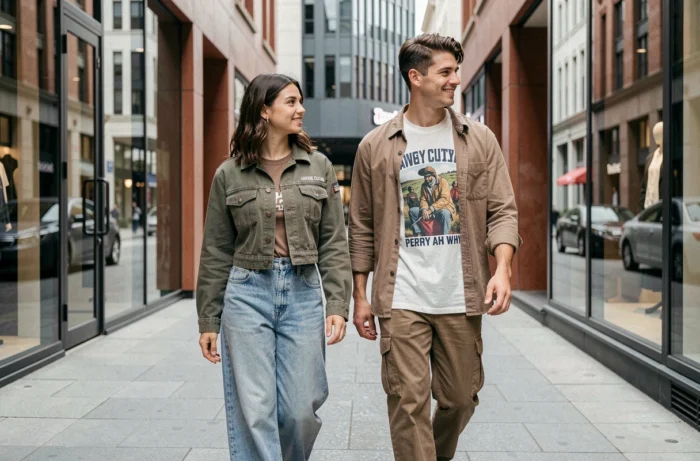Deux amis portant des tenues Savage Culture et Perry Ah Why marchant dans un quartier mode contemporain, tendances streetwear 2024