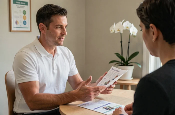 Thérapeute en relaxation consultant un client pour identifier ses besoins de bien-être
