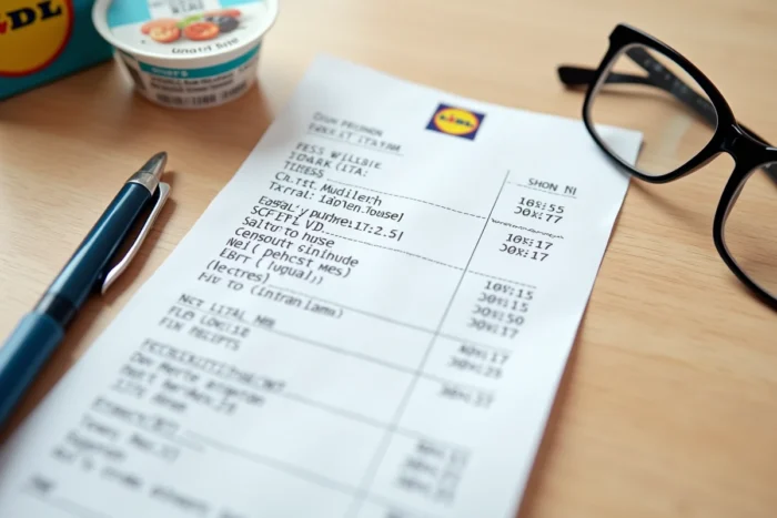 Vue aérienne d'un ticket de caisse Lidl posé sur une table en bois avec des lunettes et un stylo pour décrypter chaque information