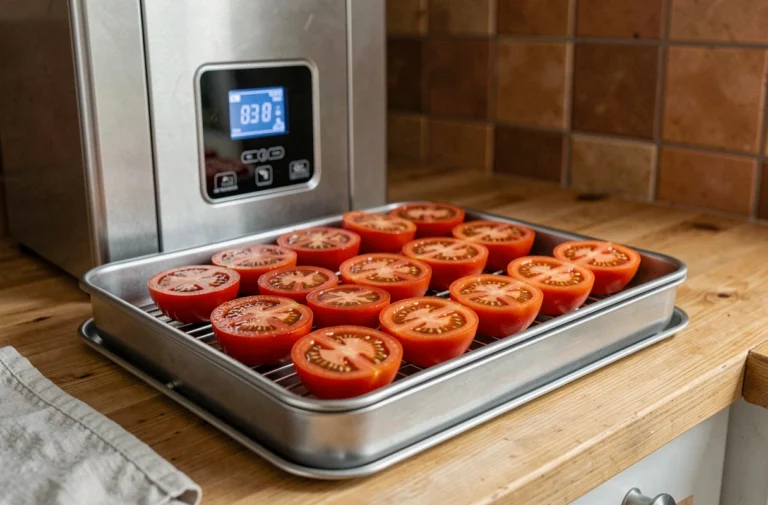 Plateaux de tomates Roma fraîchement coupées en deux disposés sur les grilles d'un déshydrateur électrique moderne sur un plan de travail en bois