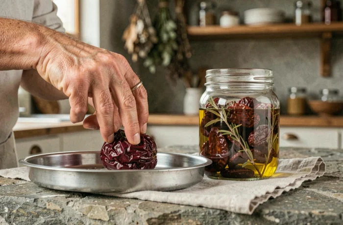 Mains d'une femme retirant une tomate séchée d'un plateau de déshydrateur à côté d'un bocal en verre rempli de tomates séchées maison conservées dans l'huile d'olive