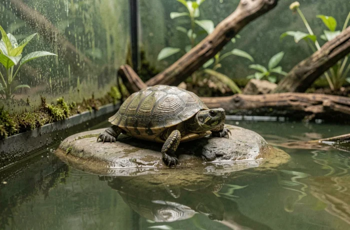 Tortue aquatique immobile et léthargique sur un rocher dans un terrarium, signe possible de maladie ou de mort