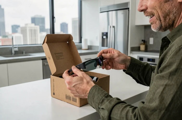 Unboxing de lunettes de réalité augmentée haut de gamme par un homme passionné de nouvelles technologies