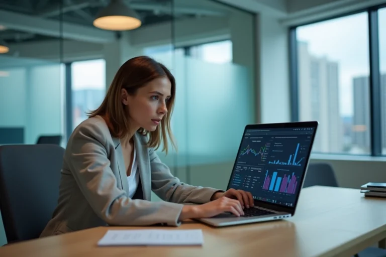 Femme d'affaires consultant des données personnelles sur un ordinateur portable, illustrant l'estimation de la valeur numérique d'un individu