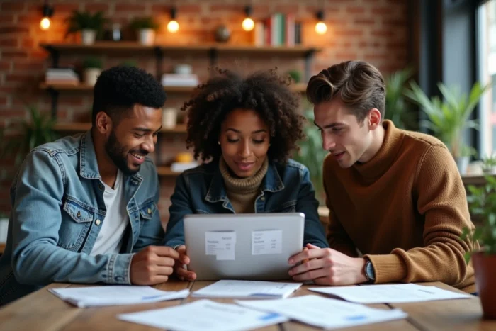Groupe de jeunes professionnels discutant de l'évaluation de la valeur numérique des individus autour de documents et d'une tablette dans un espace de coworking