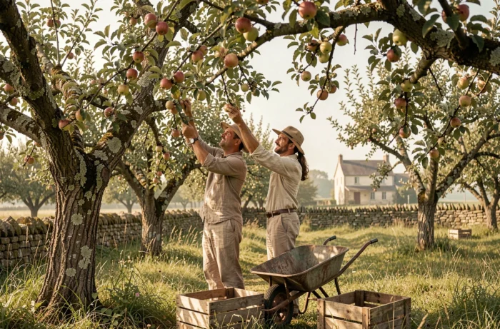 Couple cueillant des pommes dans un verger de ferme traditionnelle française entouré de vieux pommiers