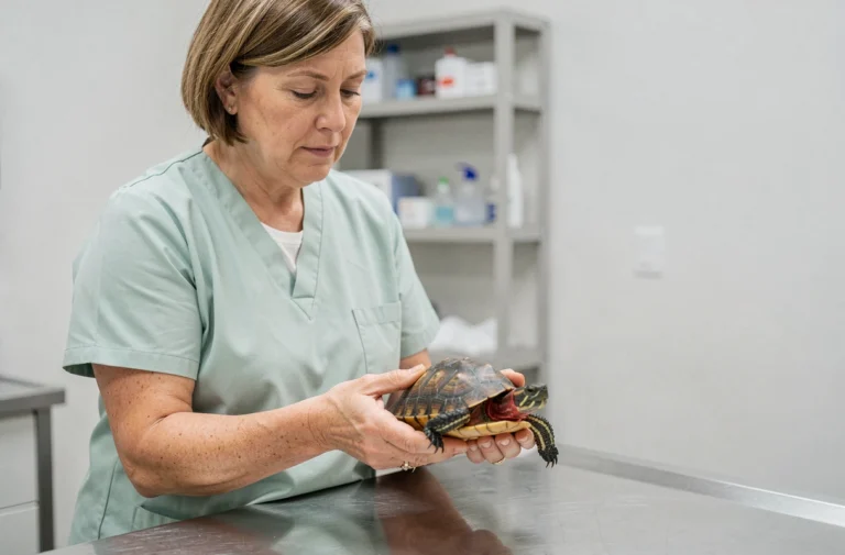 Vétérinaire examinant une tortue d'eau dans une clinique vétérinaire pour détecter des signes de mauvaise santé