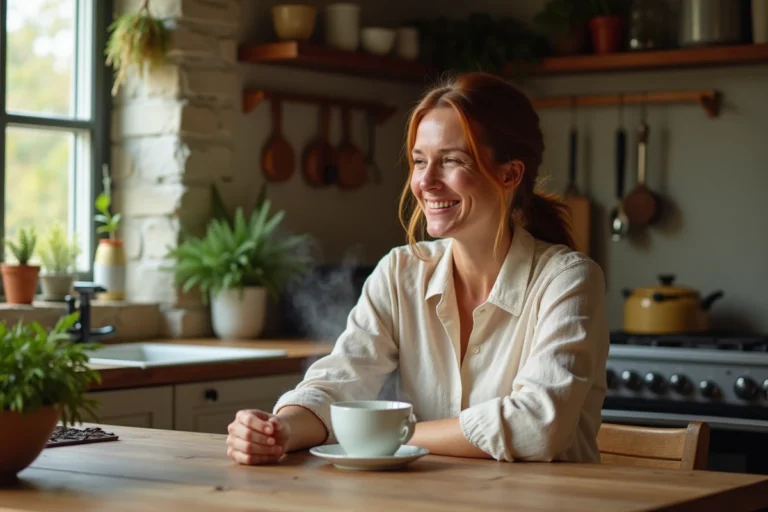Femme souriante dans une cuisine rustique chaleureuse, savourant un moment de vie privée loin des médias