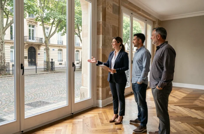 Agent immobilier présentant un appartement familial spacieux à Lyon à un couple en visite
