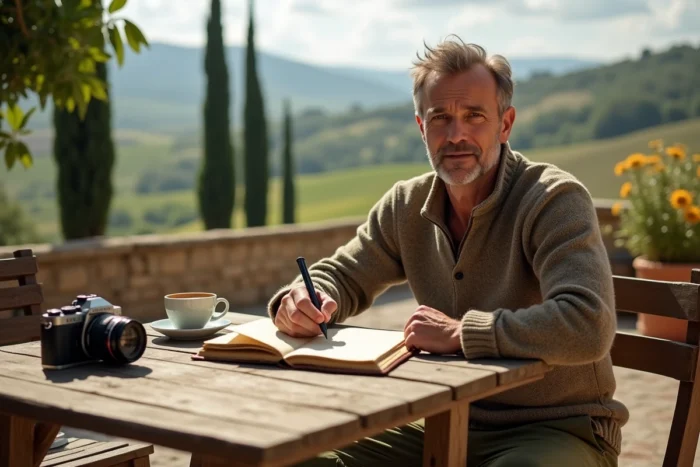 Voyageur écrivant dans un journal de voyage sur une terrasse avec vue sur les collines toscanes