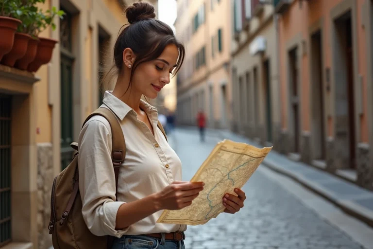 Voyageuse consultant une carte dans une ruelle pittoresque d'une vieille ville européenne