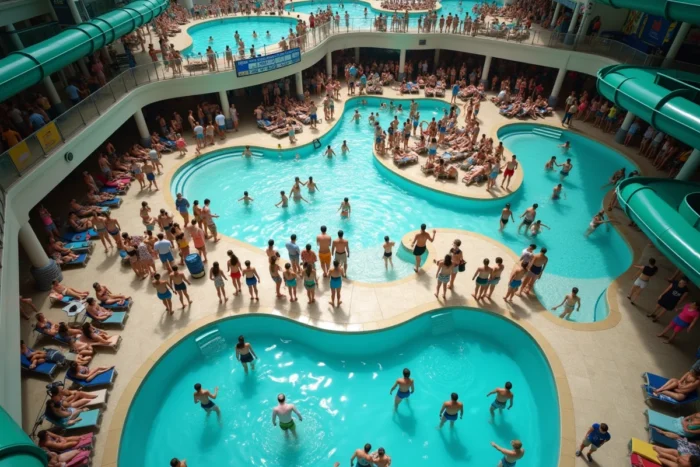Vue aérienne d'un parc aquatique bondé le week-end avec files d'attente et zones de baignade très fréquentées