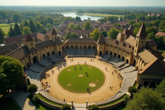 Vue panoramique du parc historique du Puy du Fou avec ses décors médiévaux et ses vastes espaces scéniques en Vendée