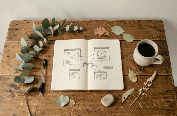Vue de dessus d'un bureau en bois avec un carnet de wireframe pour site web, entouré de plantes séchées et d'éléments naturels