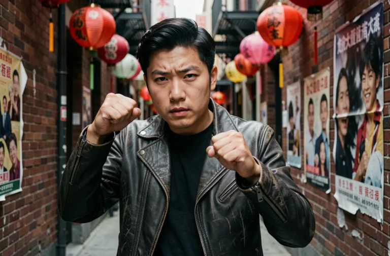 Jeune homme en posture de combat dans une ruelle de Chinatown évoquant l'univers de Wu Assassins saison 2