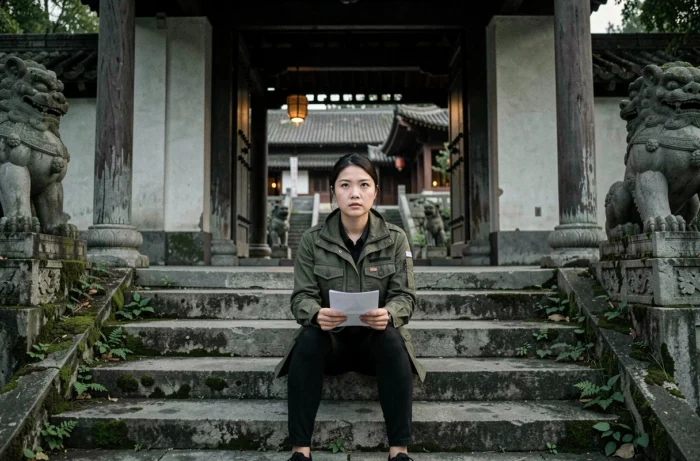 Femme seule assise devant un temple traditionnel au crépuscule, atmosphère contemplative liée à Wu Assassins saison 2