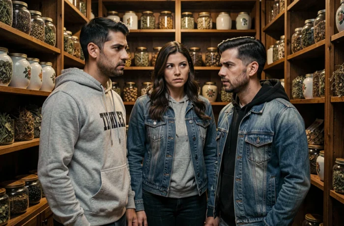Groupe de personnages réunis dans une boutique d'herboristerie chinoise, ambiance mystérieuse rappelant Wu Assassins